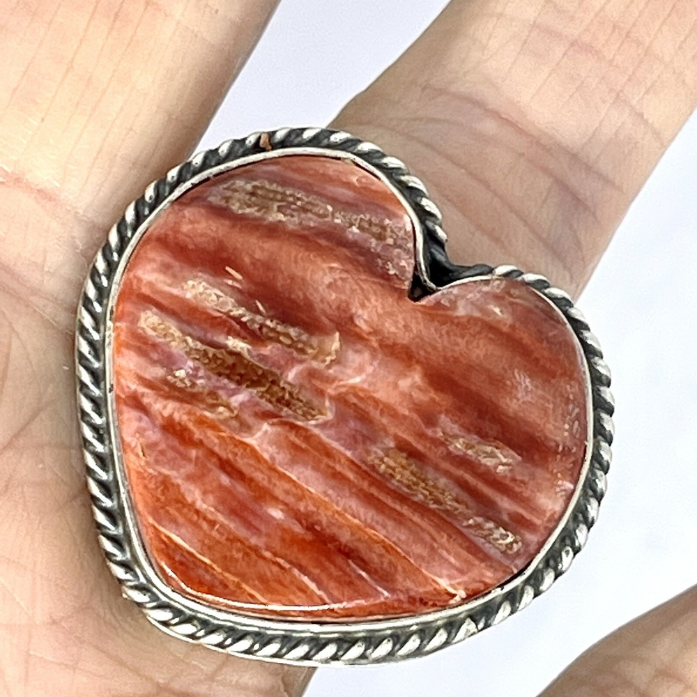 Heart Shape Orange Spiny Oyster Ring Sz 7 Navajo Signed Sterling‎ Stamped Big